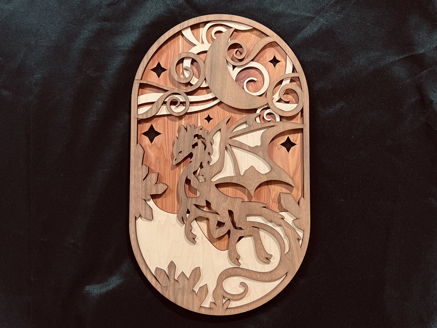 Dragon Art, Wood Fantasy Dragon made from Cedar, Maple, & Walnut