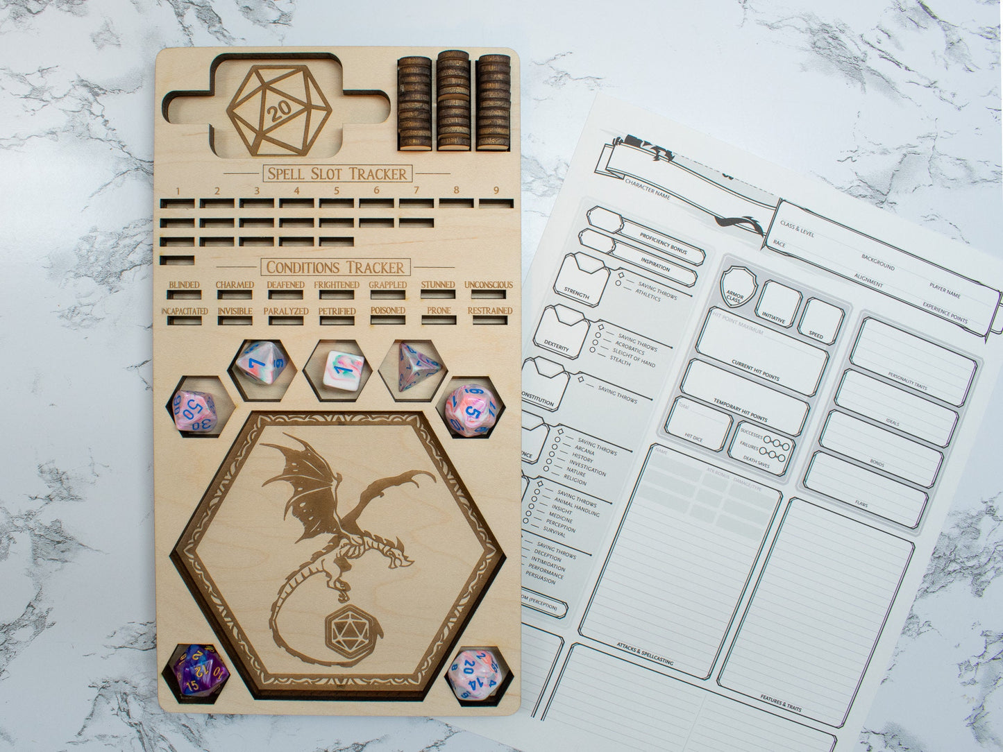 D&D Player's Tray: DnD Dice Tray, Spell Slot Tracker, Conditions Tracker, Phone Holder, and Dice Holder